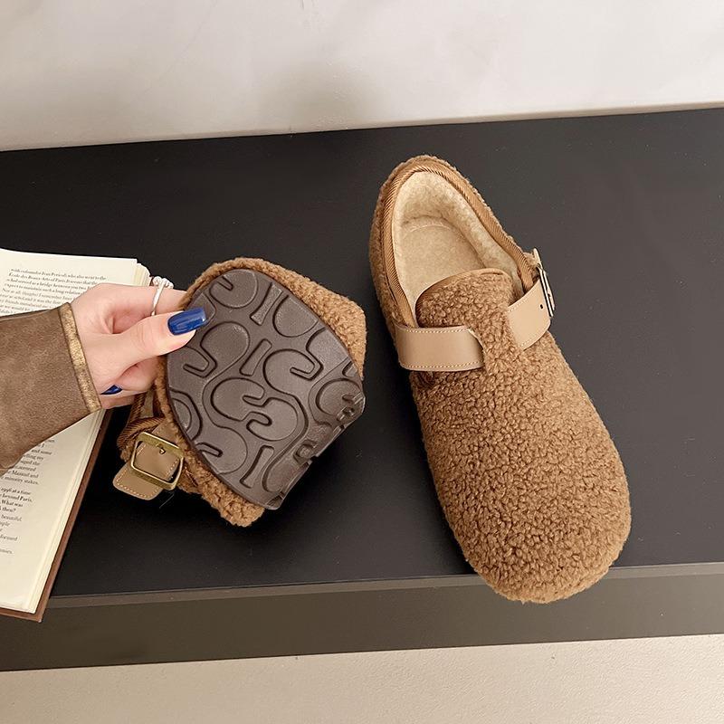 Winter new velvet thickened non-slip felt warm shoes women's comfortable lazy cotton shoes belt buckle Doudou shoes