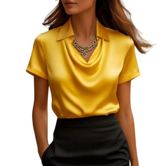 Damen Oberteile Revers Schwingender Kragen Kurzarm Lässiges Hemd Glattes Satin Lockere Passform Sommer Hemd Oberteile Tägliche Kleidung