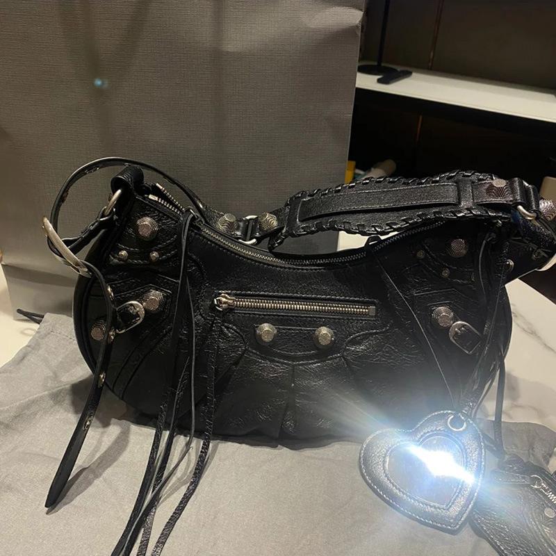 Edgy Rivet Fringe Ruched 3‑in‑1 Crescent