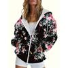 Sweat à capuche pour femme, motif floral rayé, coupe ample, style streetwear, avec poche zippée