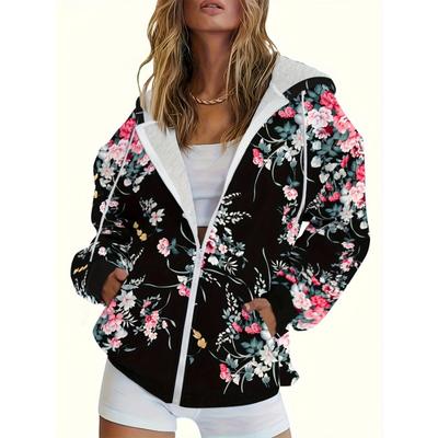 Sweat à capuche pour femme, motif floral rayé, coupe ample, style streetwear, avec poche zippée