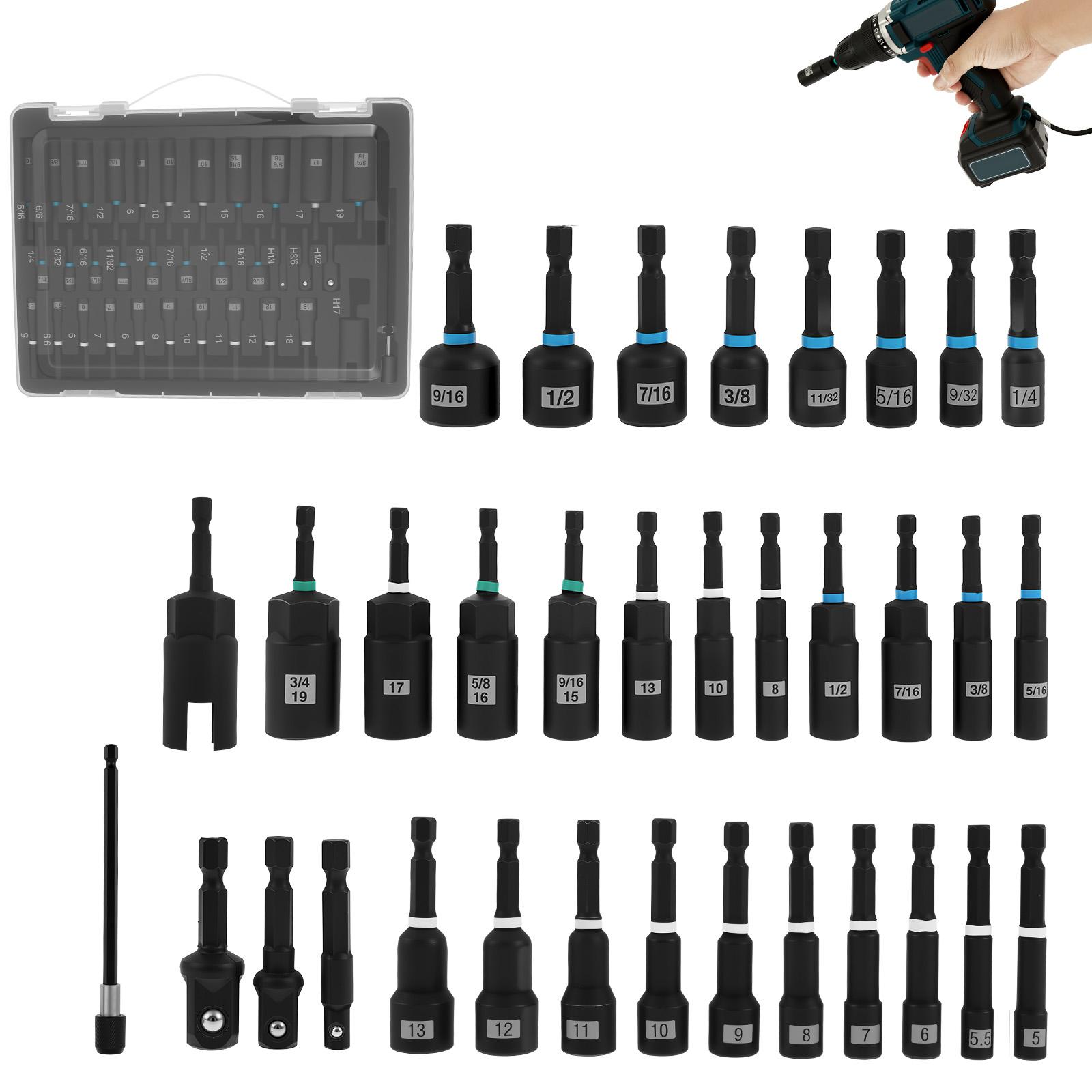 

34Pcs Magnetic Deep Nut Driver Set Alloy Steel Metric and SAE Impact Drill Nut Driver with Bit Extension Impact Socket Adapter чёрный