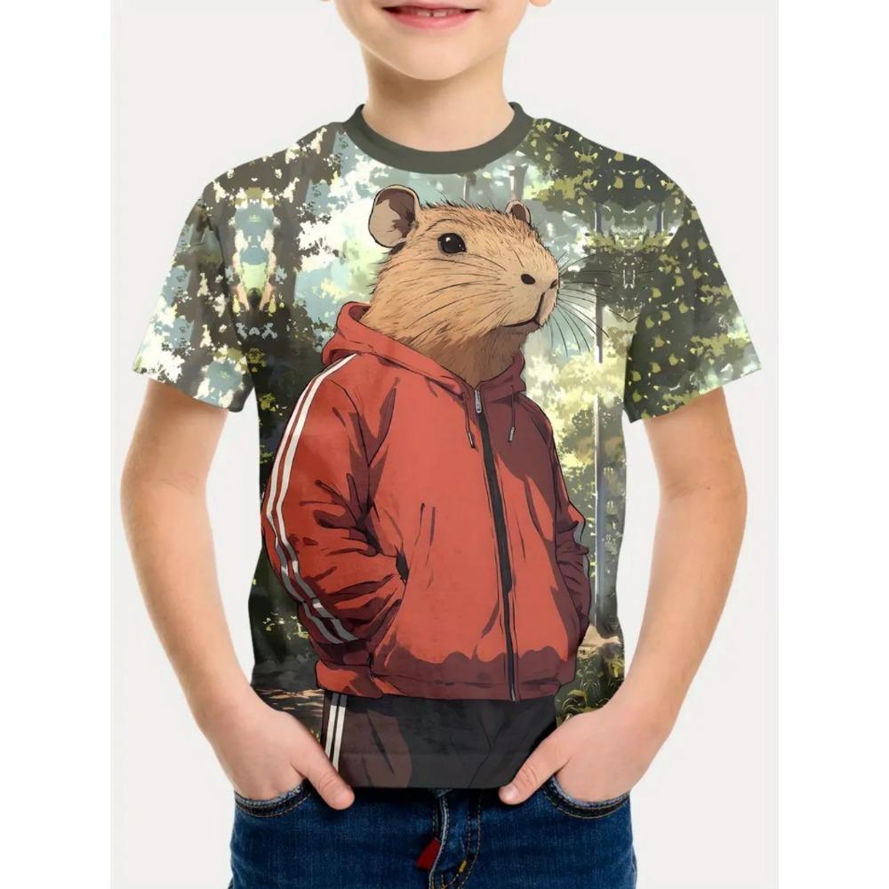 Adorable Capybara Boy Cartoon Print Short Sleeve T-Shirt for Boys, Loose-Fit Summer Top, Fashionable Kids' Clothing, Boys' Apparel