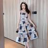 Floral vest skirt new summer sexy waist thin suspender skirt splicing square medium and long dress women