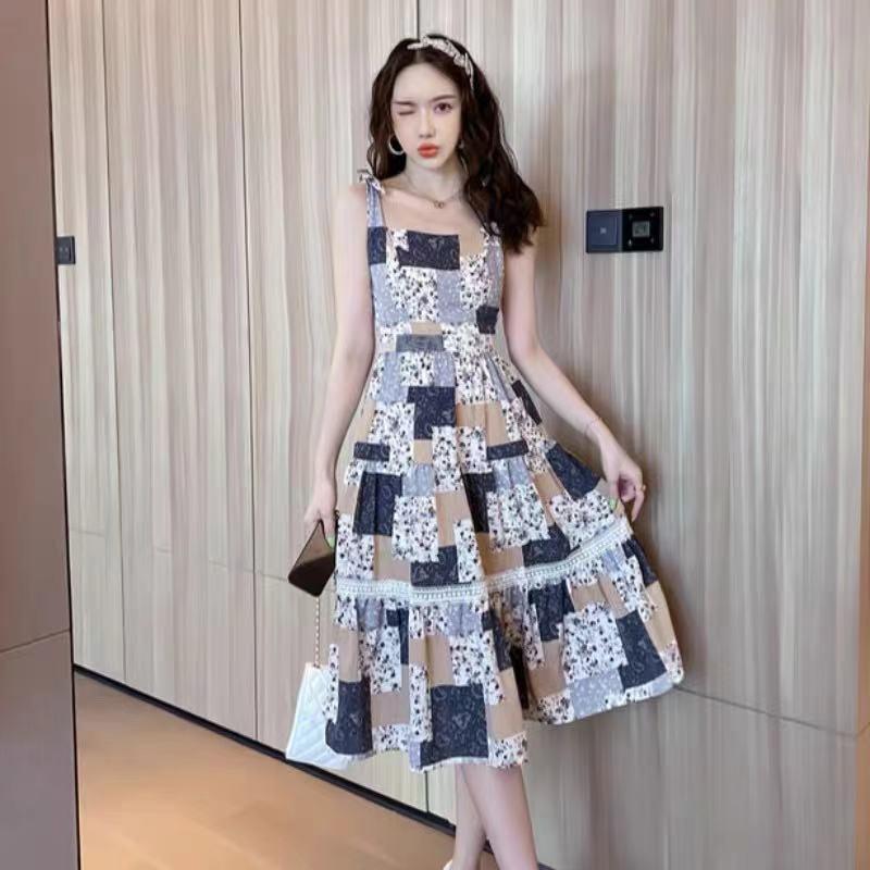 Floral vest skirt new summer sexy waist thin suspender skirt splicing square medium and long dress women