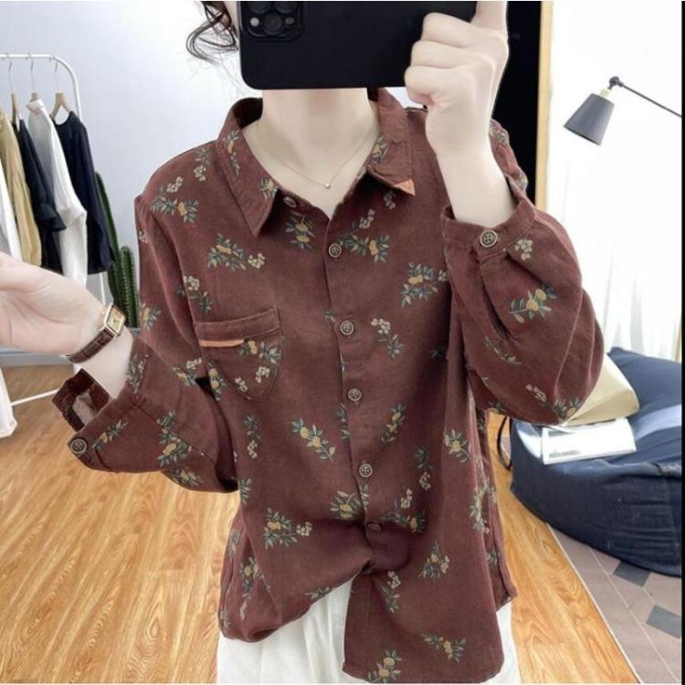Floral Printed Long Sleeve Top Korean Retro Fashion Women Cotton Linen Autumn Shirt Digital Design Blouse