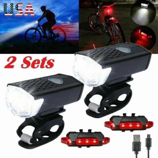 2 Sets USB Rechargeable LED Bicycle Headlight Bike Front Rear Lamp Cycling US