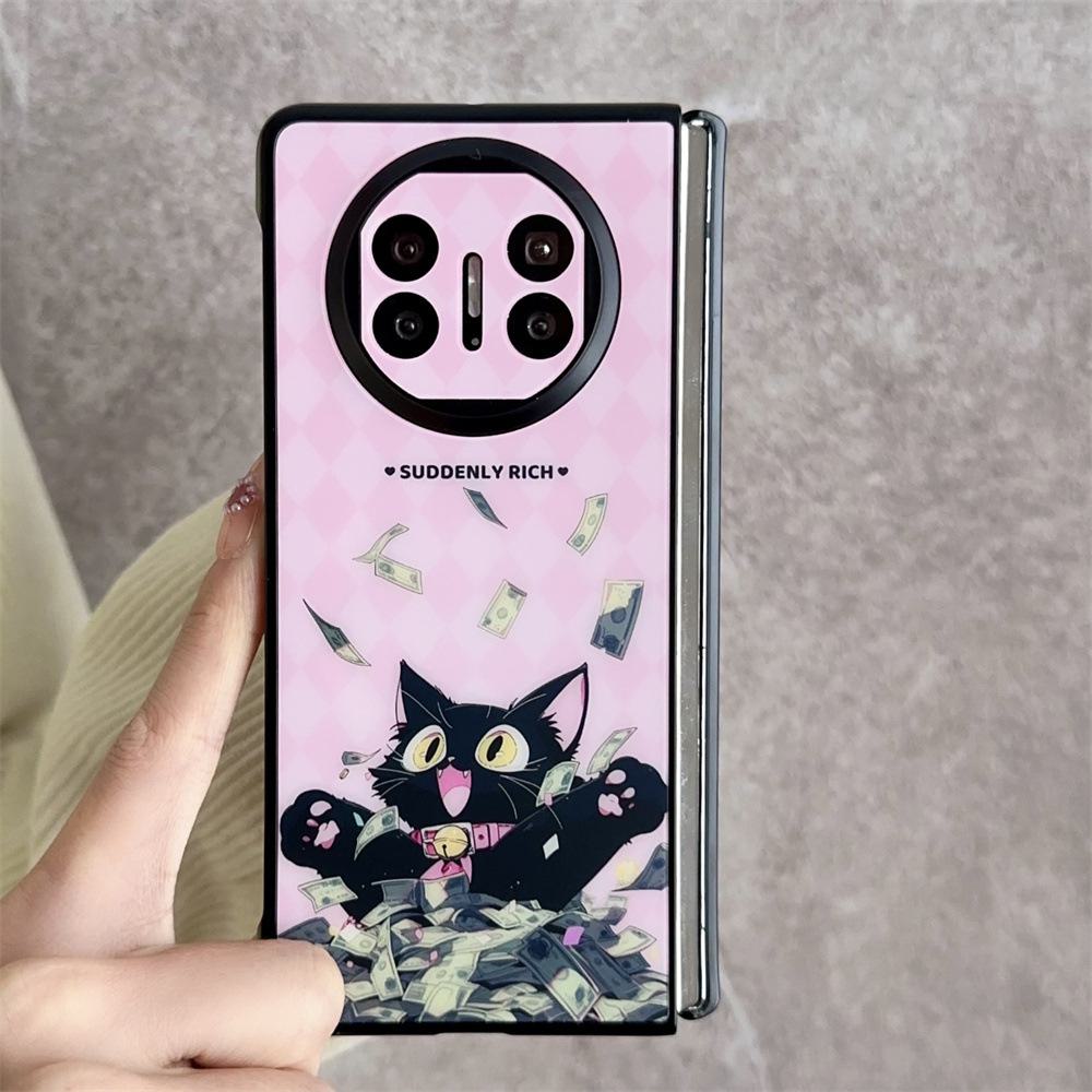 Black Cat and Pink Dragon Retro Happy Magnetic Case for Huawei MateX3/X5, Folding and Protective Cover for Women