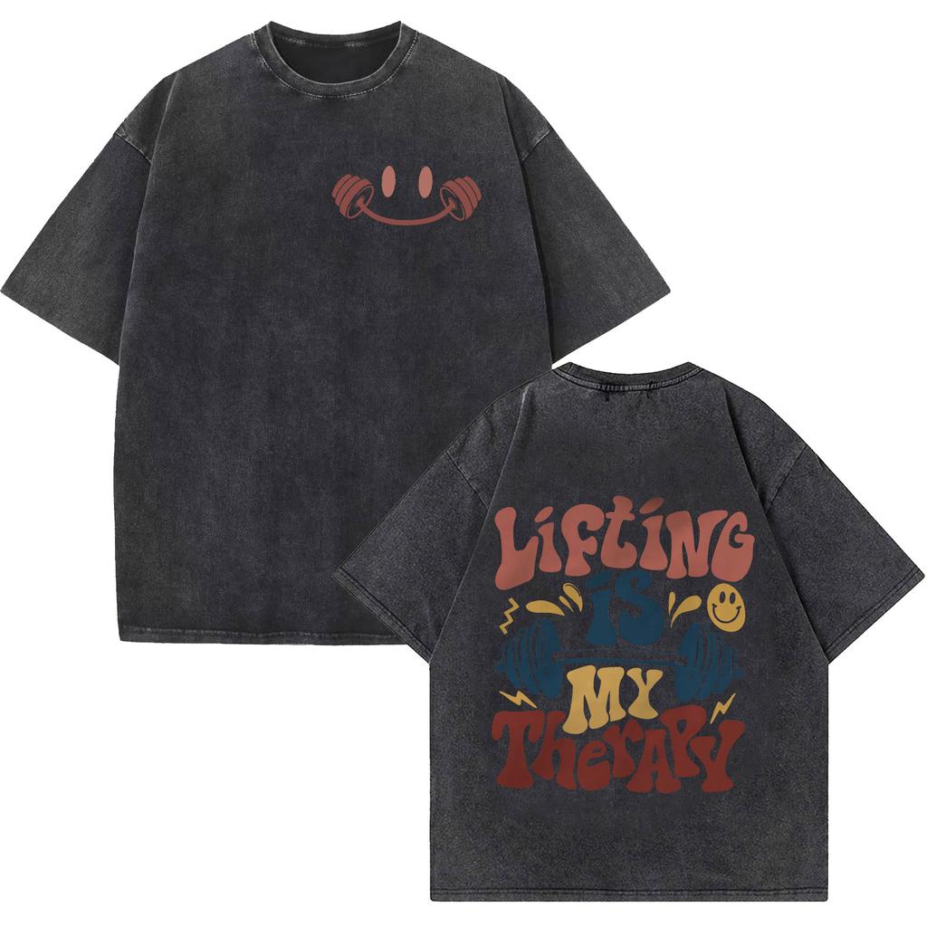 My Happy Hour Gym Vintage Washed T Shirts Fashion O-Neck Short Sleeve T-shirt Casual 100% Cotton Oversized T-shirts Unisex