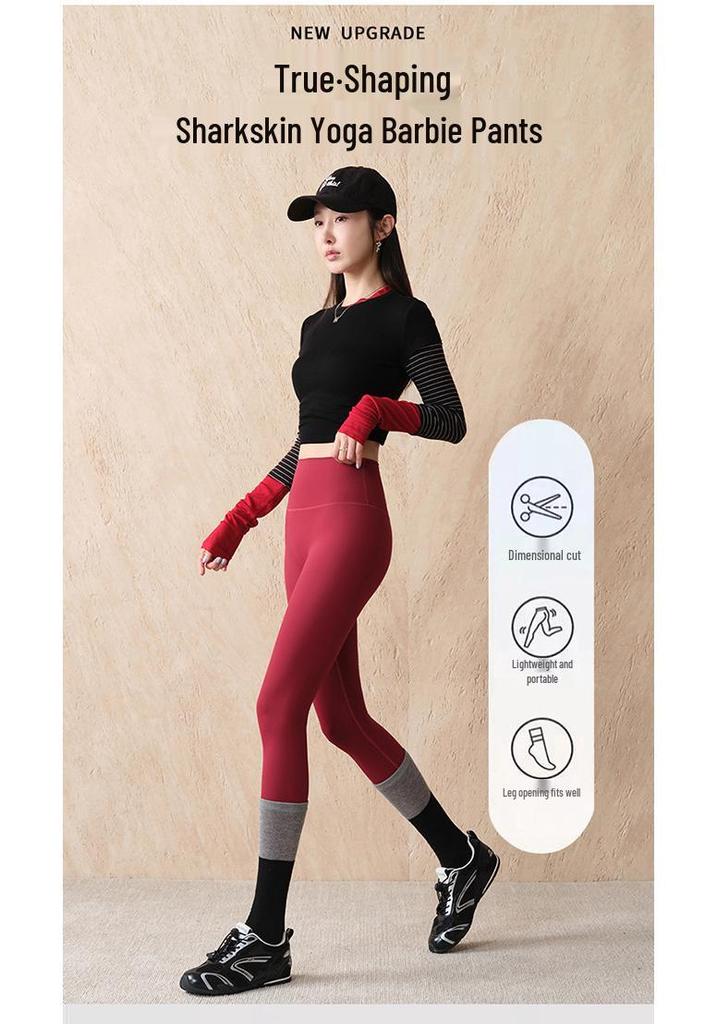 Damen High-Waist Bauchkontrolle Tasche Haifischhaut Leggings: Frühlings-/Herbst-Yogahosen, 9/10 Länge Radsport-Außenbekleidung