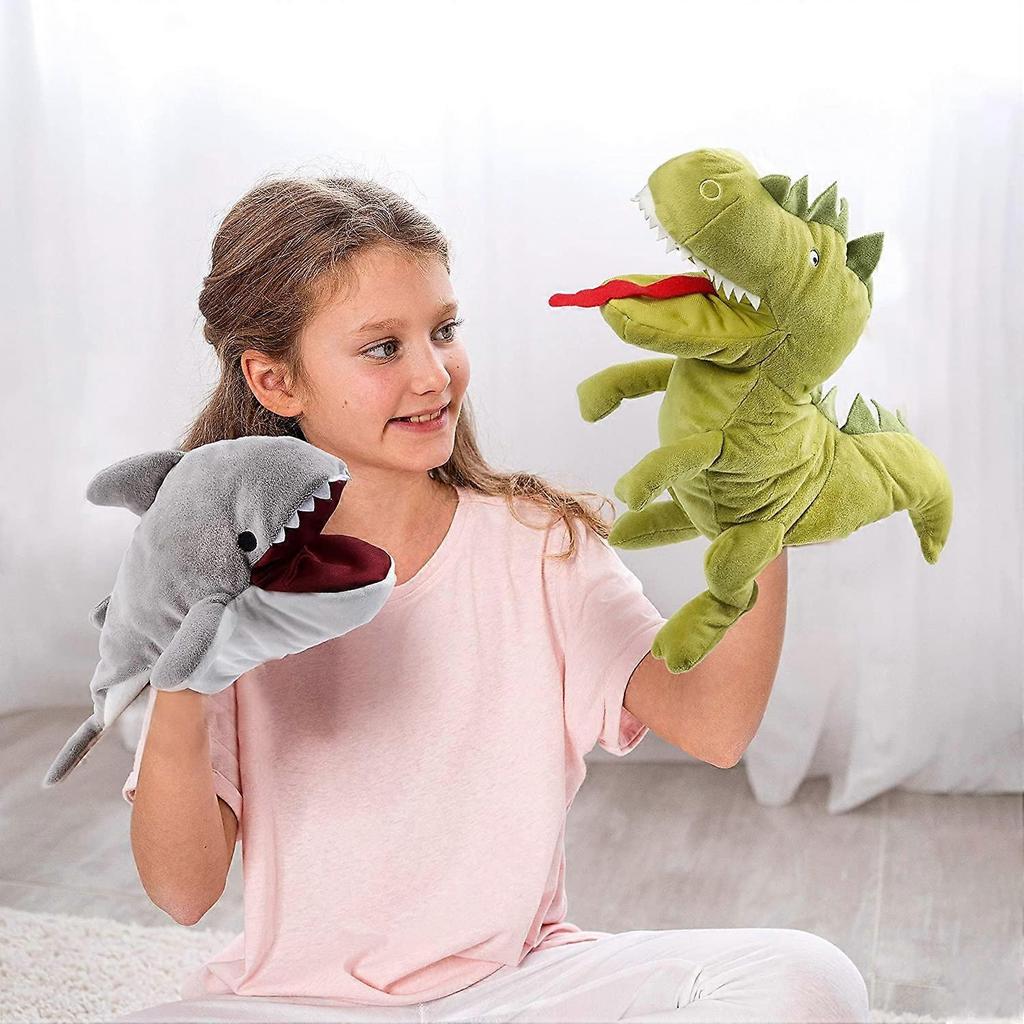 Plush Shark Puppet, Open Movable Mouth, Interactive Toy for Imagining Play, Role Play, Storytelling Teaching Puppet Theater, Grey, 13"