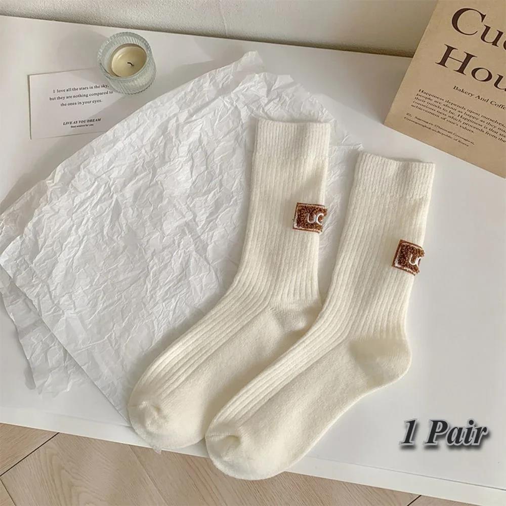 1Pair Winter Solid  Velvet Thickened Pile Socks Multicolored Embroidered Logo Warm Mid-Calf Length Socks Casual Cotton Socks