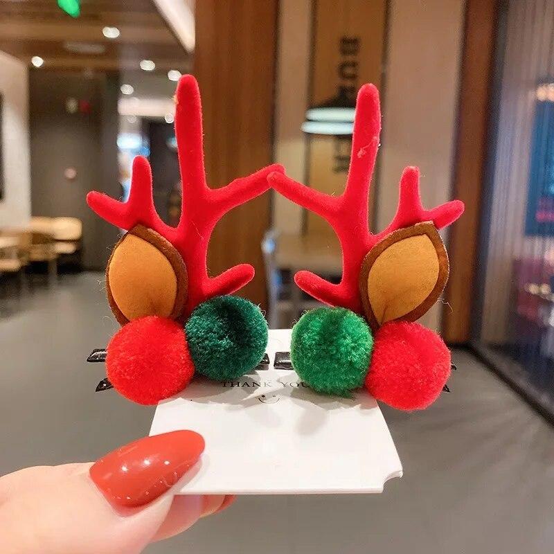 New Year Christmas Gift Kawaii Red Hair Pin Children Barrettes Bow Deer Santa Claus Kids Headwear Girls Kids Hair Accessories
