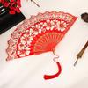 Chinese Style Flower Folding Fan with Faux Pearl Tassel Portable Plastic Ribs Hand Fan Women Dance Performance Props Party Favors