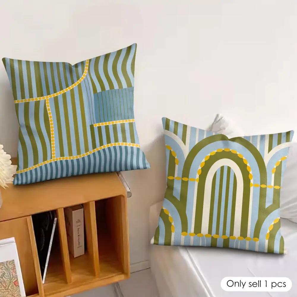 Khaki Turquoise Block Print Pillow Case Double-Sided Plush Sofa Cushion Covers Organic Breathable Invisible Zipper