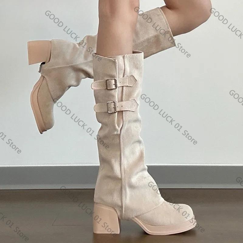 Fashion 2025 Vintage Women Trouser Legs Boots Removable Belt Buckle Autumn Winter Shoes Thick Heel Ladies Elegant Long Booties