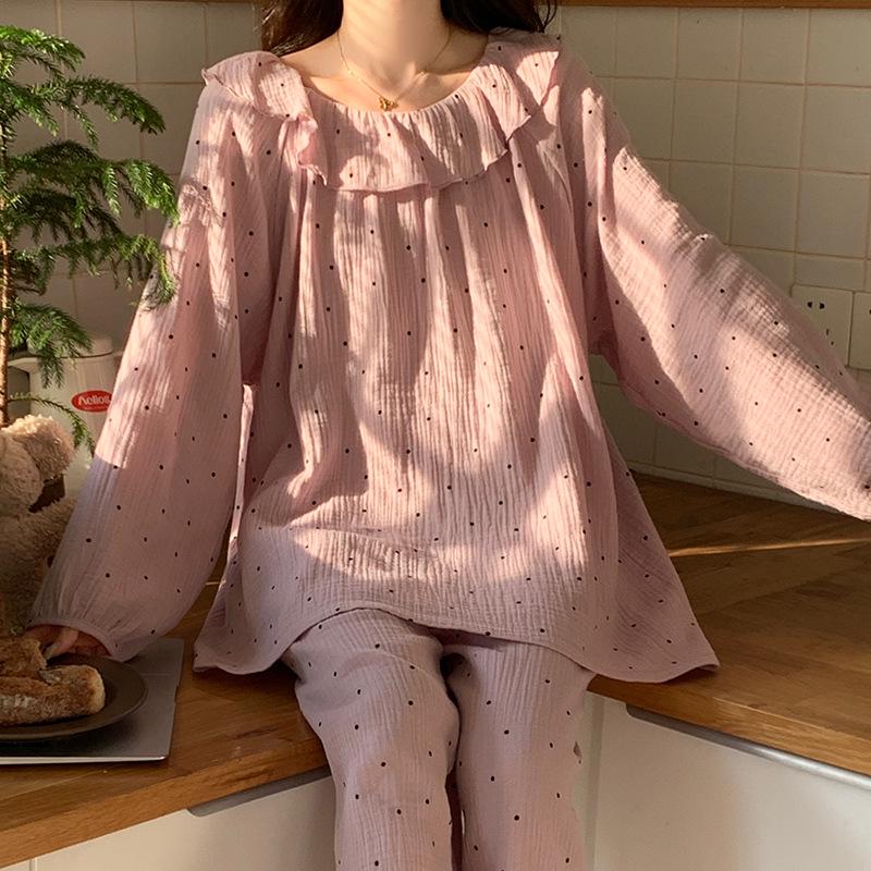 Ladies' Cartoon Pajama Set: Cotton Gauze, Long Sleeve & Pants, Thin Cardigan, Spring/Autumn Style.