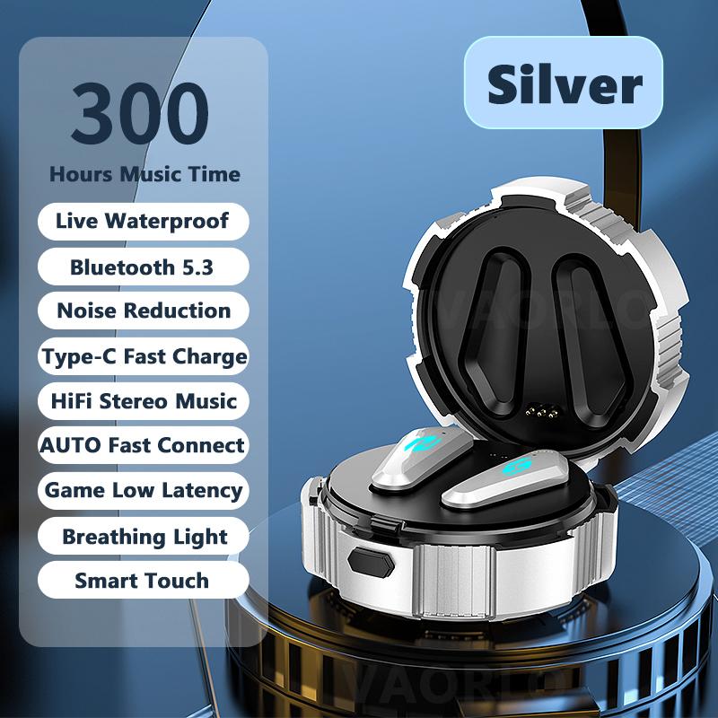 

Game Earphone Cool Appearance Bluetooth 5.3 Low Latency Mech Style Cool Breathing Light Play Game Earphone Touch Control срібний