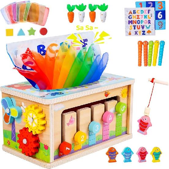 Montessori Baby Wooden Tissue Box Christmas Toy 6-in-1 Sensory Tissue Box Toy for Babies 36+ Months Developmental Toys for Babies, for 36+ Months 1 pack