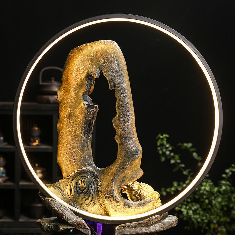 Zen Guanyin Buddha Statue with Golden Cicada Lamp and Flowing Water Fish Tank for Home Entrances.