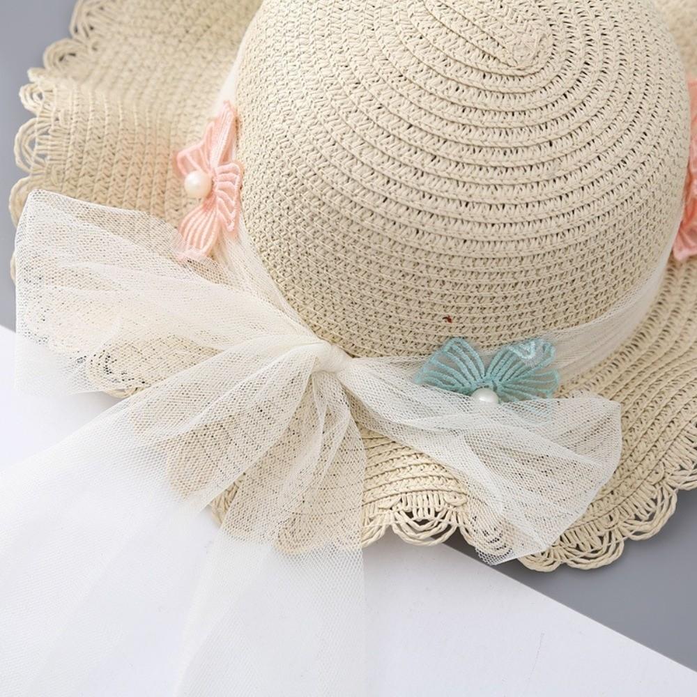 Lace Children Beach Straw Hat Wide Brim Fisherman Hat Sweet Sun Hat  for 2-8 Years Kids