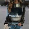 Halloween Ghost Pattern T-shirt, Fashionable Casual Women's Long-sleeved Top
