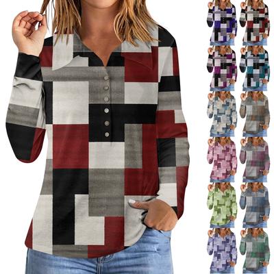 Long Sleeve For Women Fashion Retro Printed Lapel Button Up Shirt Pullover Top T-shirt
