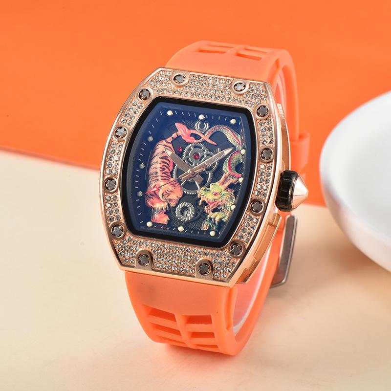 Men's Trendy Barrel-Shaped Full Diamond Quartz Watch with Calendar