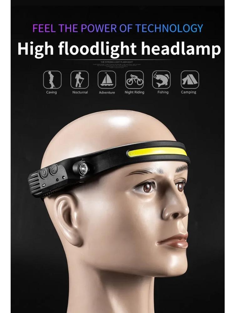 LED COB Induction Headlamp Built-in Battery Sensor Head Flashlight USB Rechargeable 5 Lighting Modes Waterproof Headlight