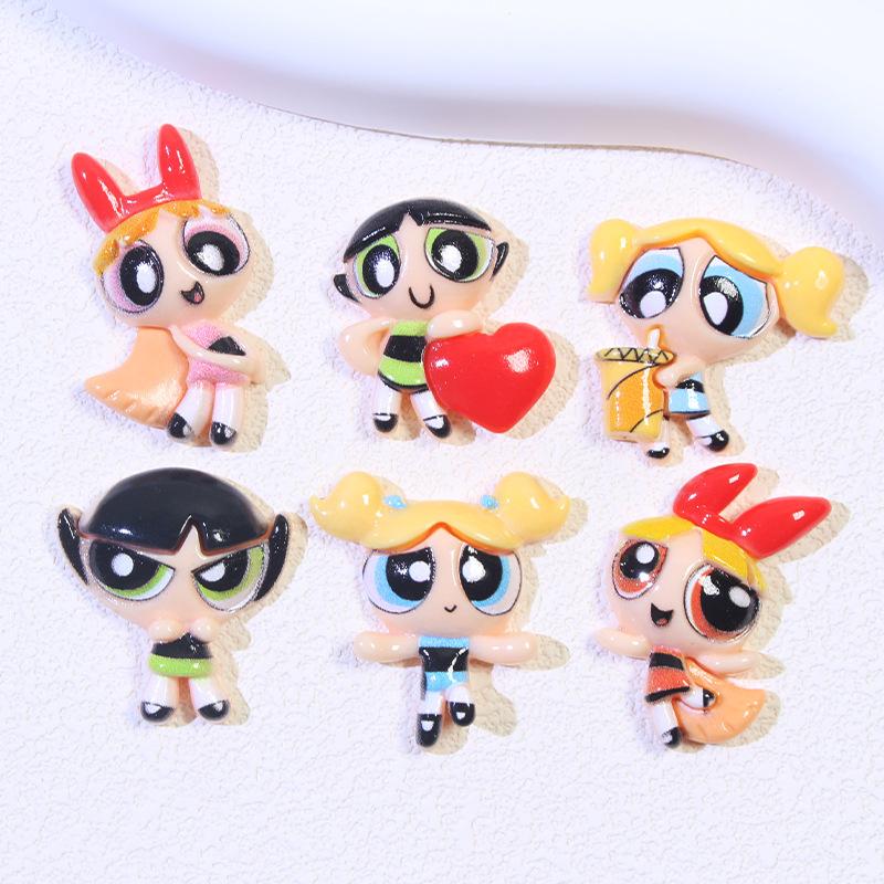 6Pcs Kawaii Anime The Powerpuff And Girls Series Resin Model Toys Cute Cartoon Character Creativity Diy Keychain Material