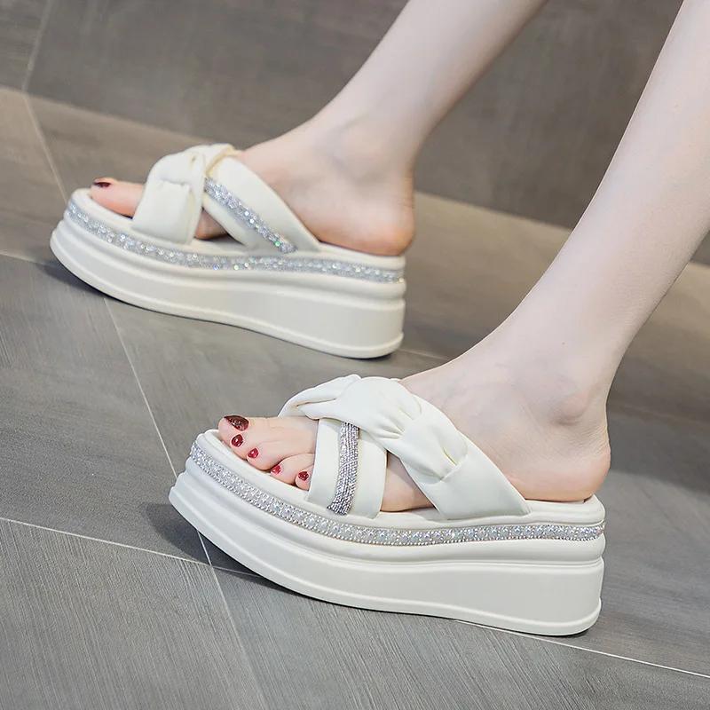 Fashion 7CM Microfiber Leather Women Zandalias De Mujer Females Buckle Platform Peep Toe Slippers Summer Wedge Flat Sandals Slides Shoes