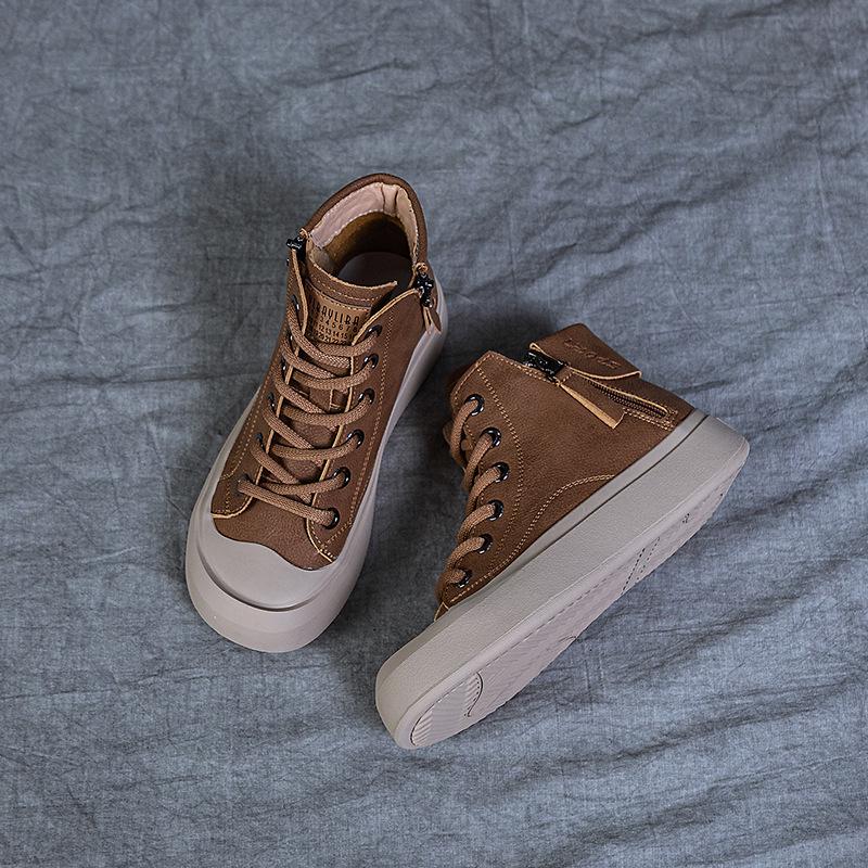 Women's High-Top Leather Retro Sneakers, Plus Velvet, Autumn 2023, Sizes 40-43.