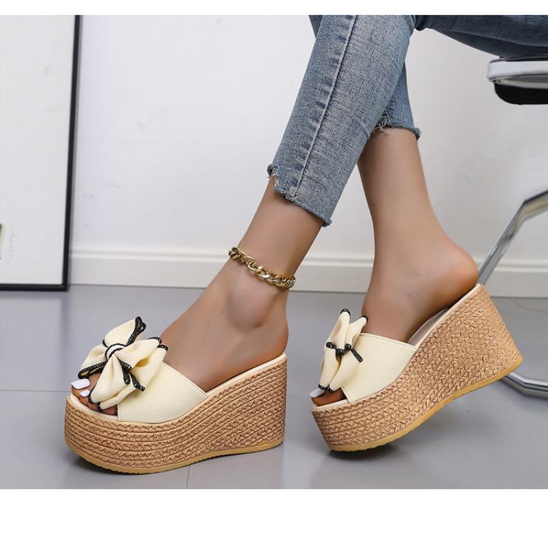 New Summer Women's Plus Size Bow Chunky Sole Wedge Platform One Strap High Heel Casual Outdoor Slide Sandals