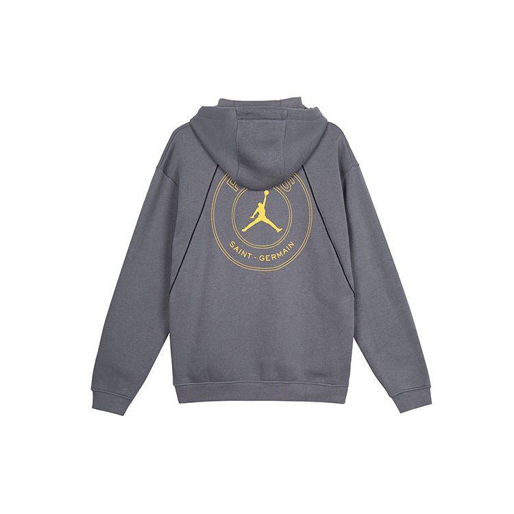 Jordan X PSG Paris Saint-Germain Co-Branded Stripe Pattern Gold Print Hoodie with Drawstring Men Hoodie Light-Graphite-Grey DV0612-014