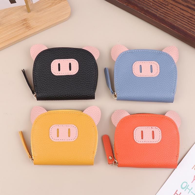 Pu Leather Female Light Student Cartoon Cute Pig Zipper Multi-Card Card Set Soft Pickup Clip Coin Purse Mini Clutch Earphone Bag