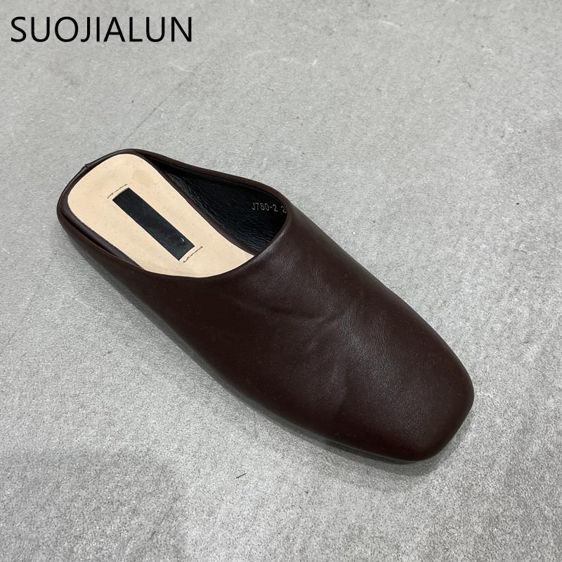 Mode SUOJIALUN Sommer Flacher Absatz Damen Slipper Mode Damen Lässig Runde Zehenpartie Slip-On Pantoletten Schuhe Outdoor Weiches Leder Sandalen Slides