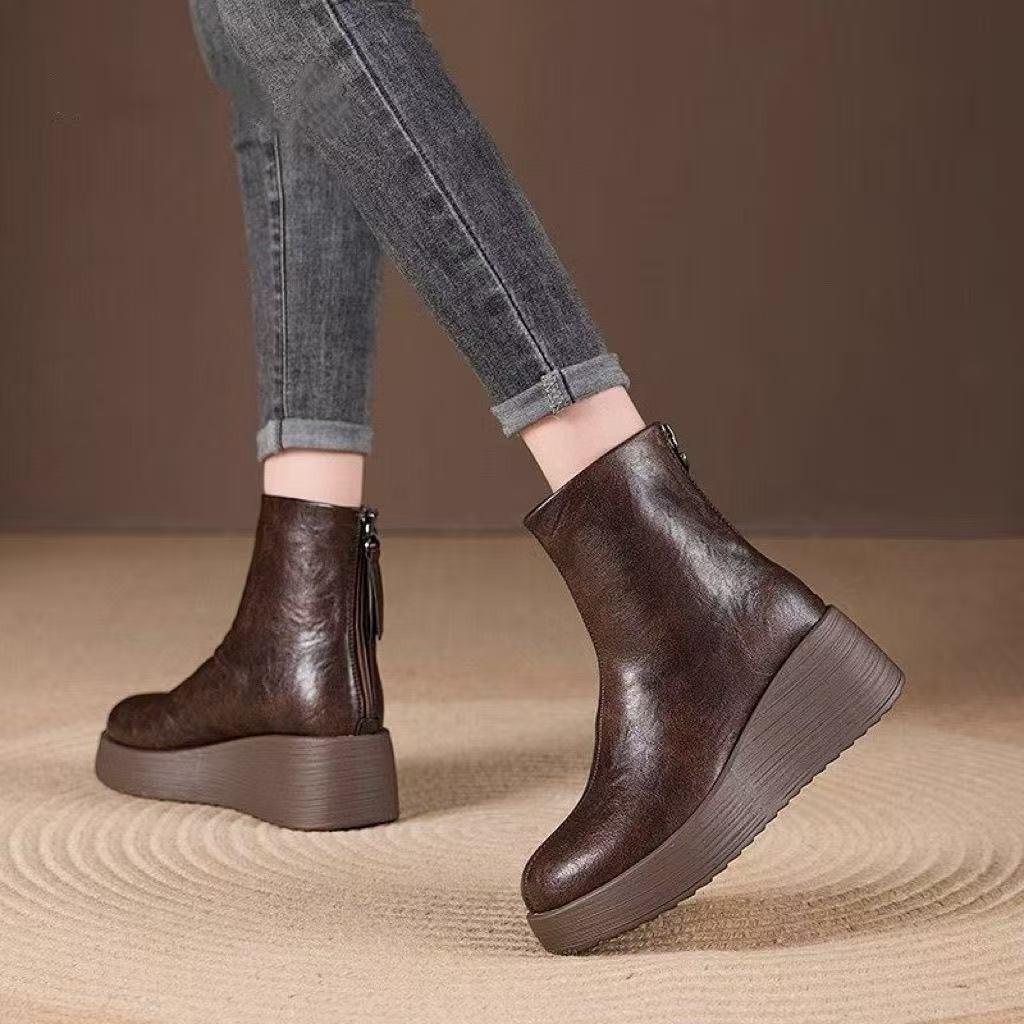 Comfortable fashion boots women's autumn and winter new versatile fashion heightening zipper soft sole non-slip short women's leather boots