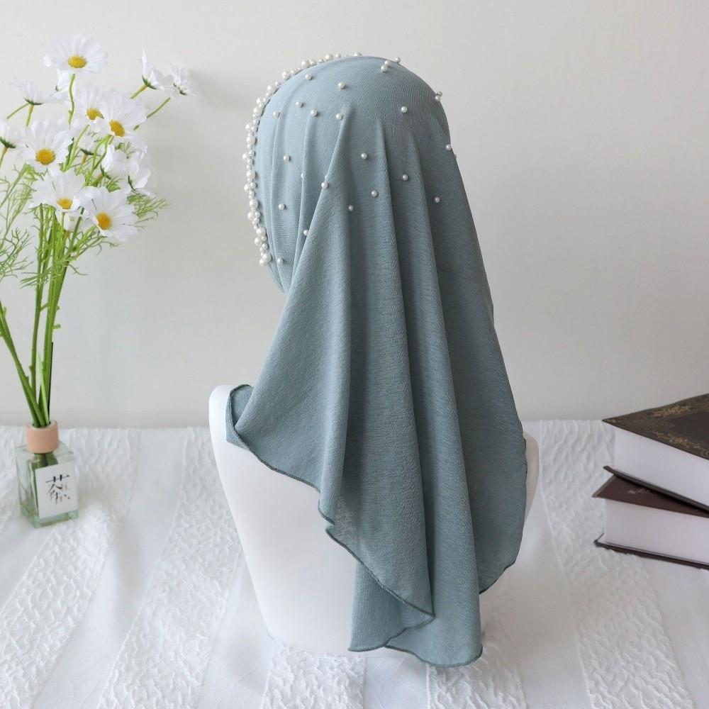 Simple Solid Color Beads Hijab Pull On Style Stretchable Head Wraps Quick Drying Shawls Sun Protection Headscarf Girls