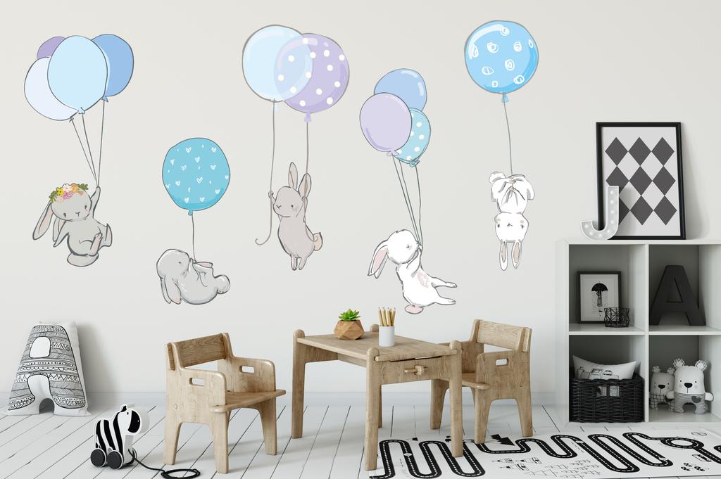 Decorative Sticker For Kids - Rabbits With Balloons Blue