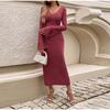 Knitted Women Dress Long Sleeve V Neck Elegant Autumn Robe Fashion Casual Dresses