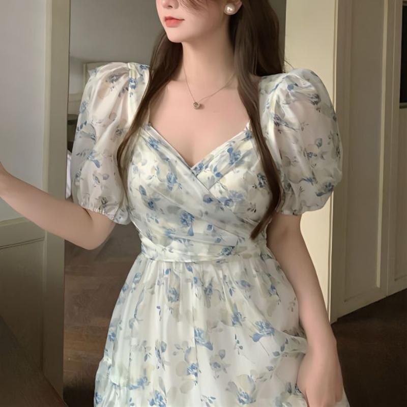 Patchwork Print Chiffon Dress Super Fairy French V-neck Short Sleeve Floral Dress Mid-length Waist Skirt Peplum Bubble Sleeve Dresses