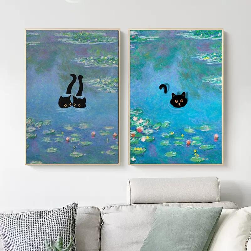 Famous Art Gustav Klimt Kiss Van Gogh Monet Waterlily Black Cat Posters Canvas Painting Funny Animal Wall Art Room Home Decor