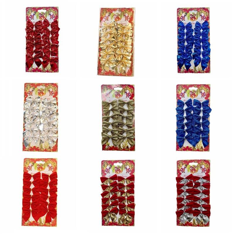 12Pcs/Pack Golden Silver Red Christmas Bow Ornament Tree Decoration Bowknot Pendant For Home