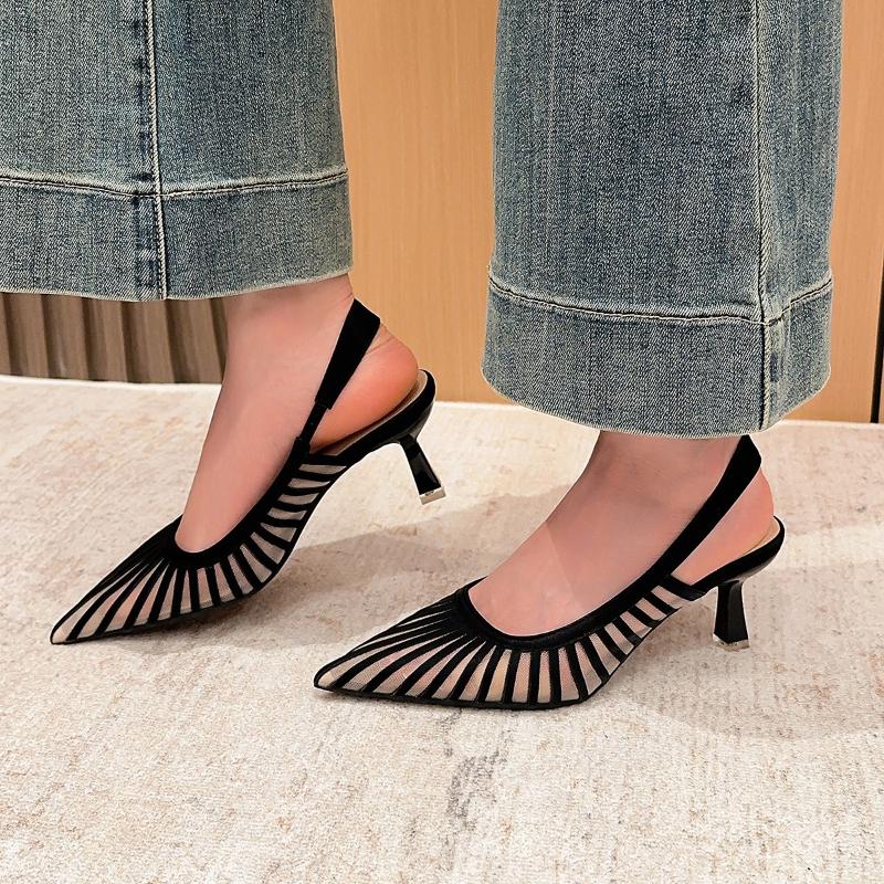 Mode 2025 Trendige Französische Spitzschuhe Streifen High Heel Pumps Damen Sexy Mesh Peep Toe Rückenfreie Sandalen