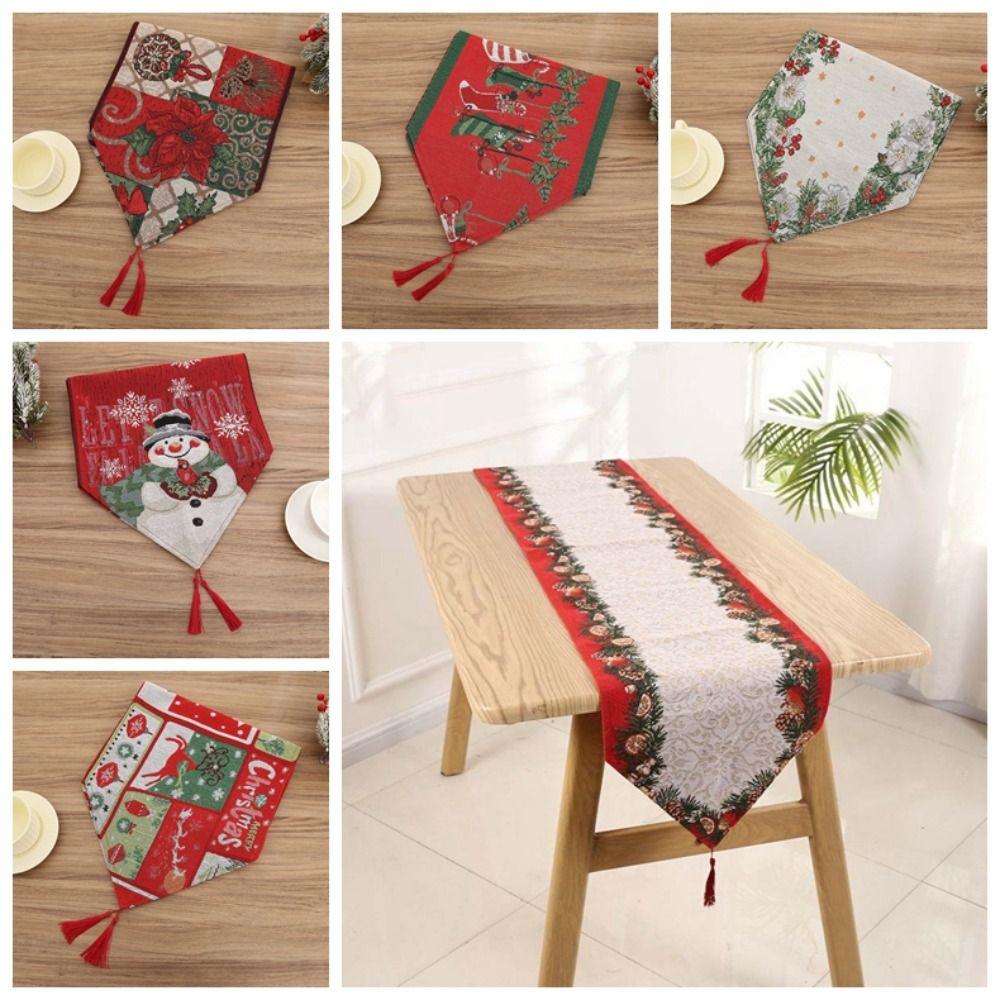 Red Christmas Table Runner Tree Santa Claus Tablecloth Flower Linen Table Cover  Christmas Eve
