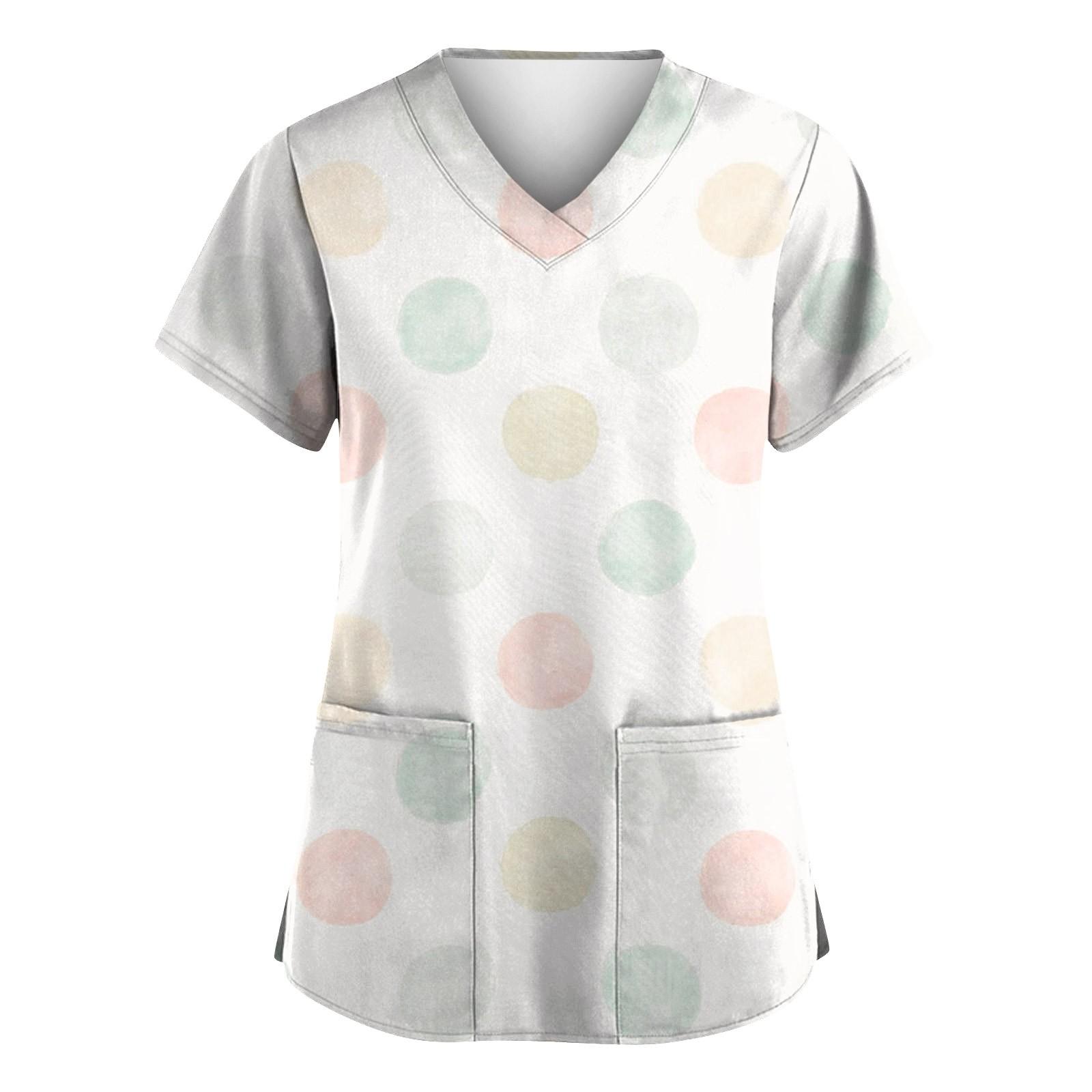 

Женская мода с v-образным вырезом, короткими рукавами и карманами, топы с принтом L