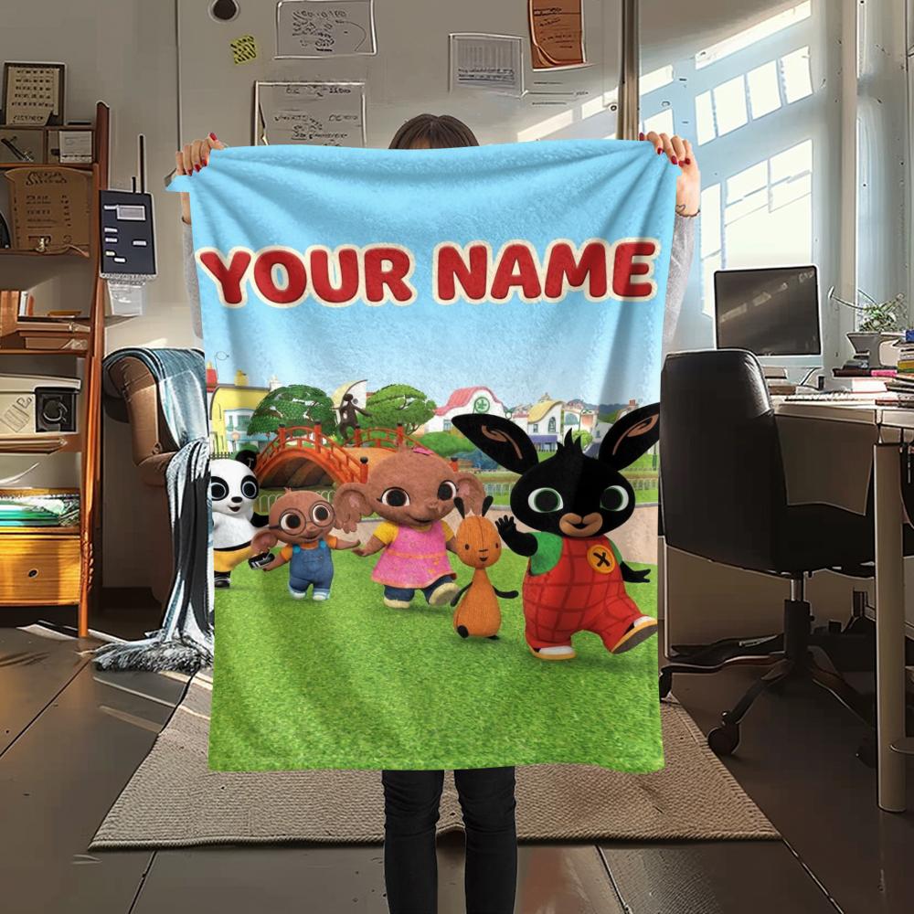 1PC Custom Name Bing Bunny Patterned Flannel Blanket Suitable For All Seasons for Home Decor Warmth and Comfort Gifts Holiday Present
