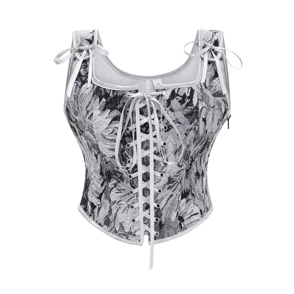 Women's Sleeveless Strappy Waist Cincher Top with Floral Lace Up Front and Adjustable Shoulder Ties for Casual or Evening Wear