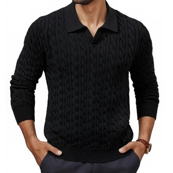 Men Knitted Tops Lapel Long Sleeve Solid Color Sweater Twist Pattern Winter Thick Warm Pullover Tops