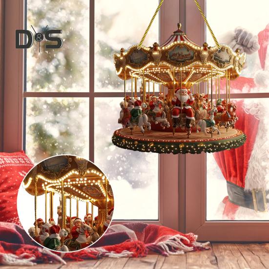 2D Santa Carousel Pendant Holiday Home Window Car Christmas Tree Decoration Pendant Acrylic Handcrafted Art Ornament